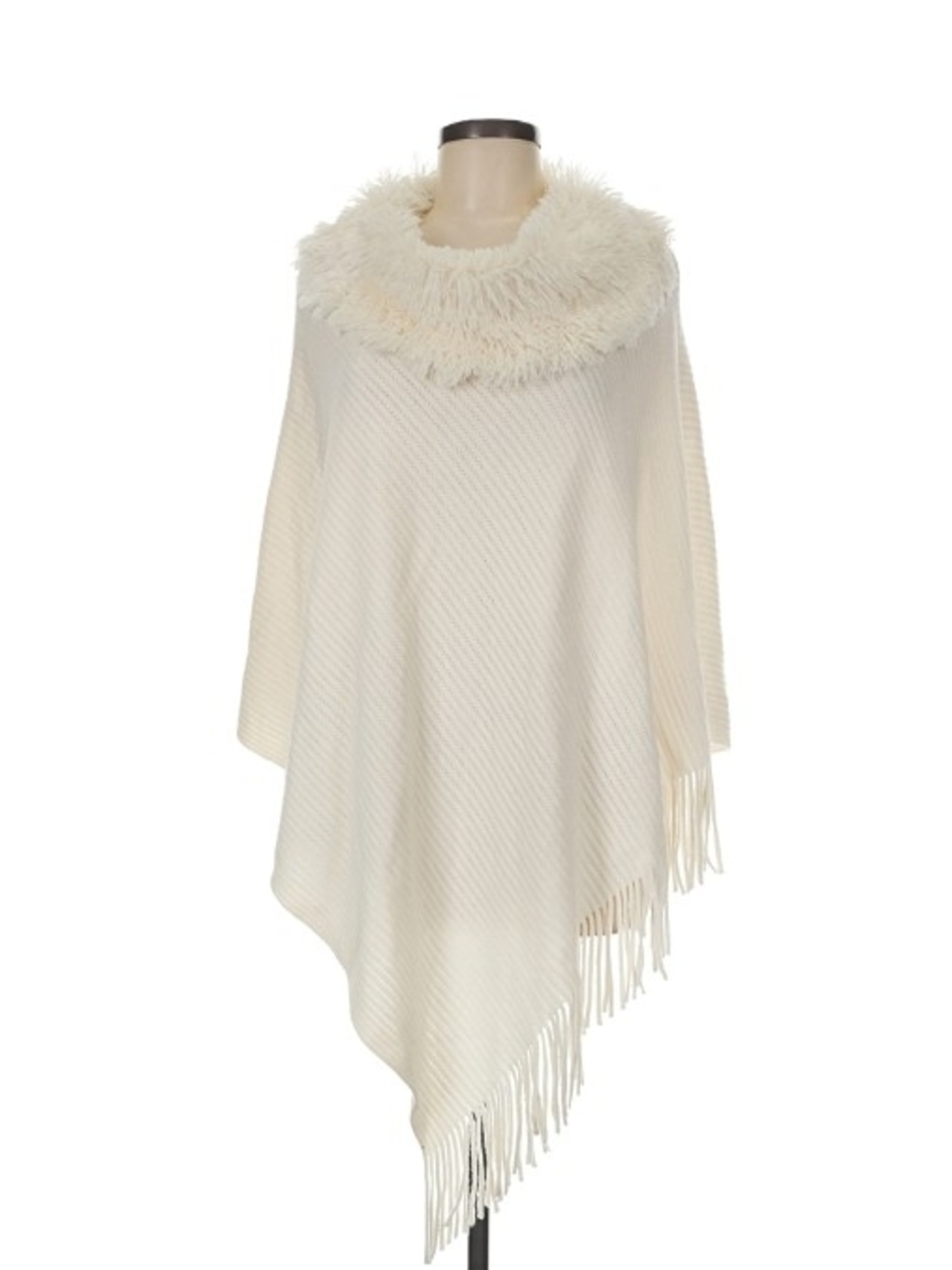 Ivory Fringe Poncho Sweater with Faux-Fur Collar NWT